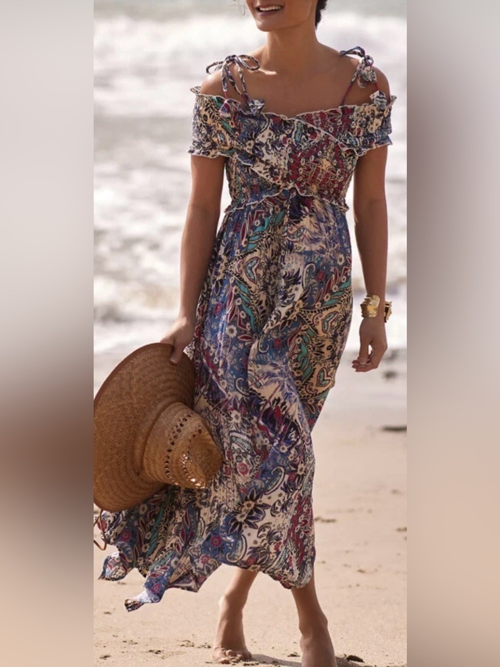 By Anthropologie Boho Off-Shoulder Floral Maxi Dress - Multicolor FLAW - Picture 1 of 12